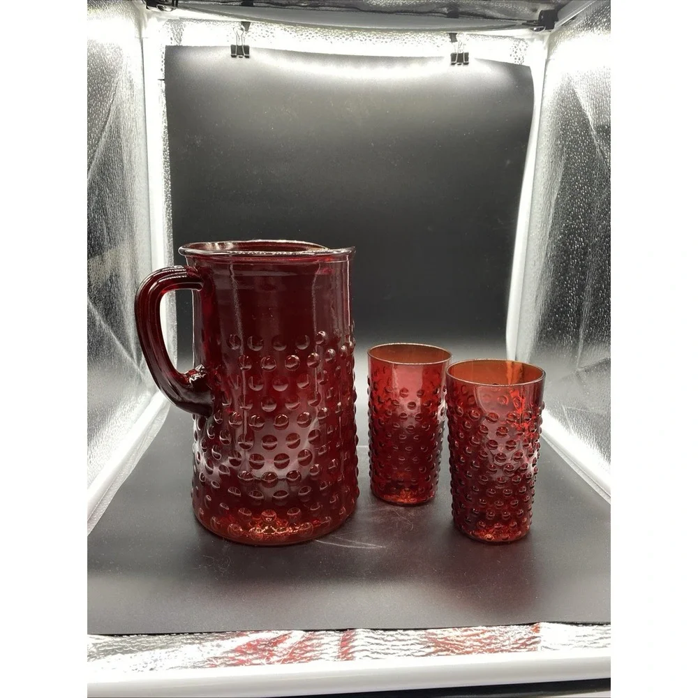 Vintage Ruby Red Hobnail Glass Pitcher and‎ 2 Tumbler Set Mid Century